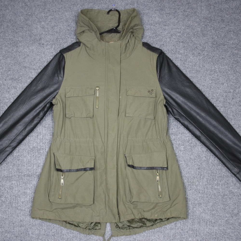 Steve Madden Women Olive Green Faux Leather Sleeve Anorak Utility Parka Jacket L